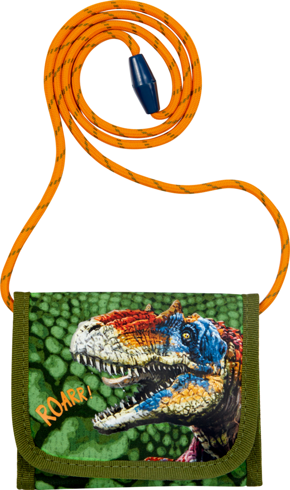 Bunter Dinosaurier-Brustbeutel mit „ROARR!“-Text auf der Vorderseite und einem daran befestigten orangefarbenen Kordel.