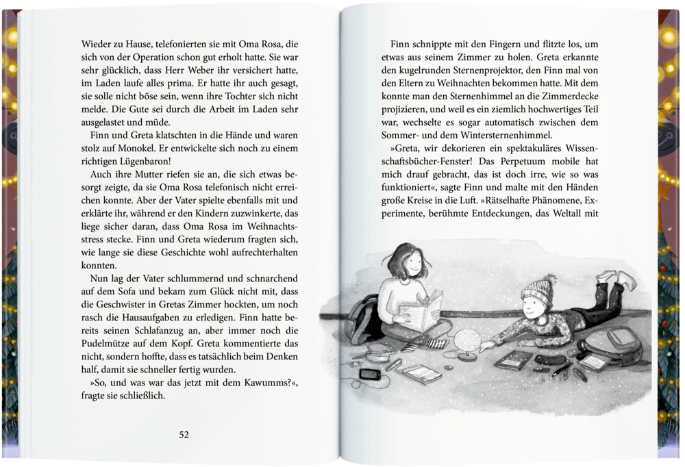 Buchinnenabbildung mit Text und zwei Kindern, die auf dem Boden malen und lesen.