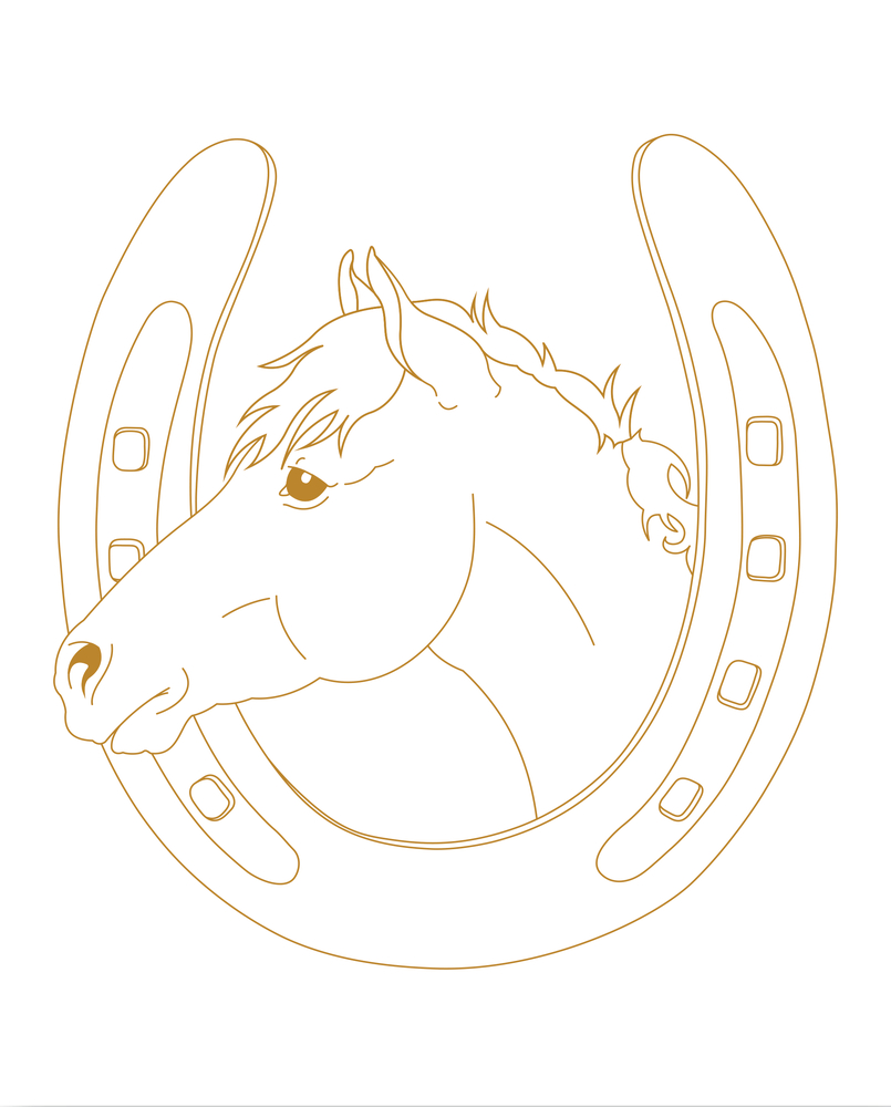 Strichzeichnung eines Pferdekopfes in einem Hufeisen