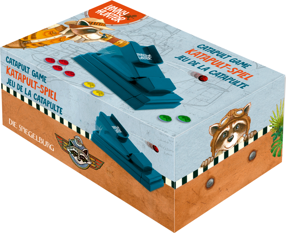 Katapult-Spielbox: mit Tierillustrationen, farbenfrohen Edelsteinen und Beschriftungen in mehreren Sprachen.