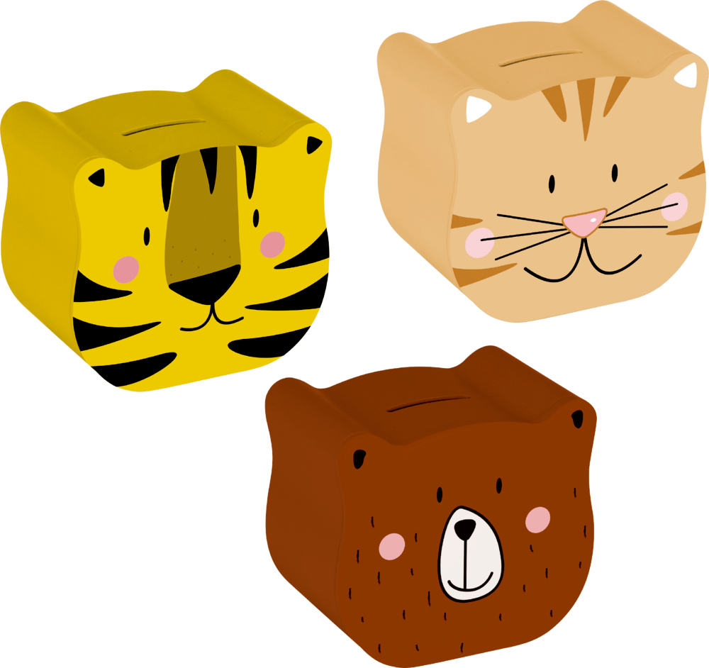 3 süße Spardosen in Tierform: gelber Tiger, beige Katze und brauner Bär – jede mit einem bezaubernden Gesicht.