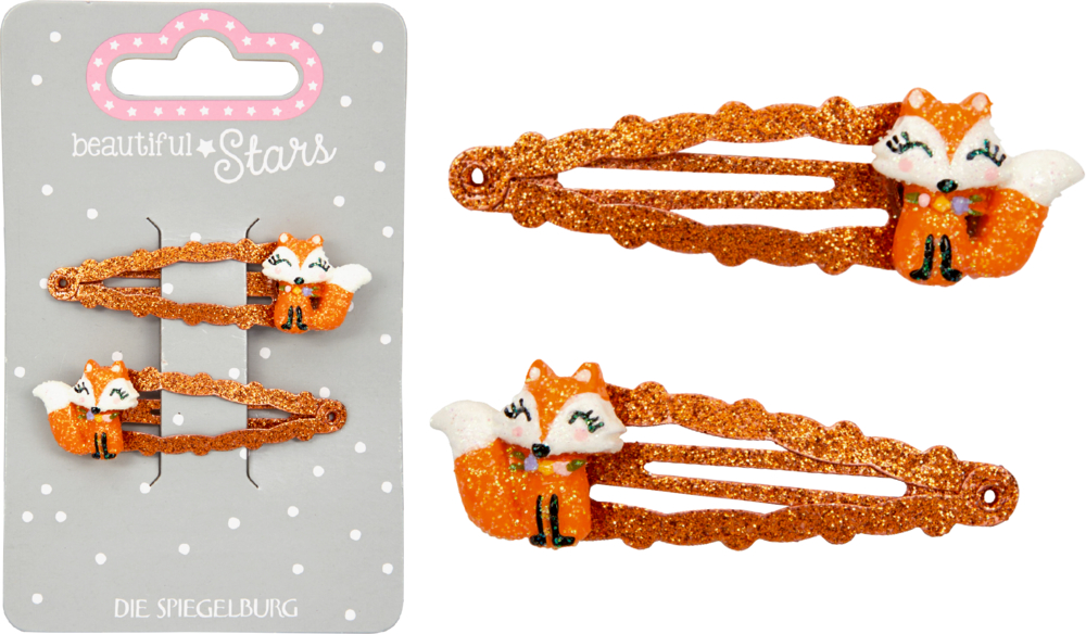 Set aus zwei glitzernden, orangefarbenen Fuchs-Haarspangen, lose und auf einer gepunkteten Displaykarte abgebildet.