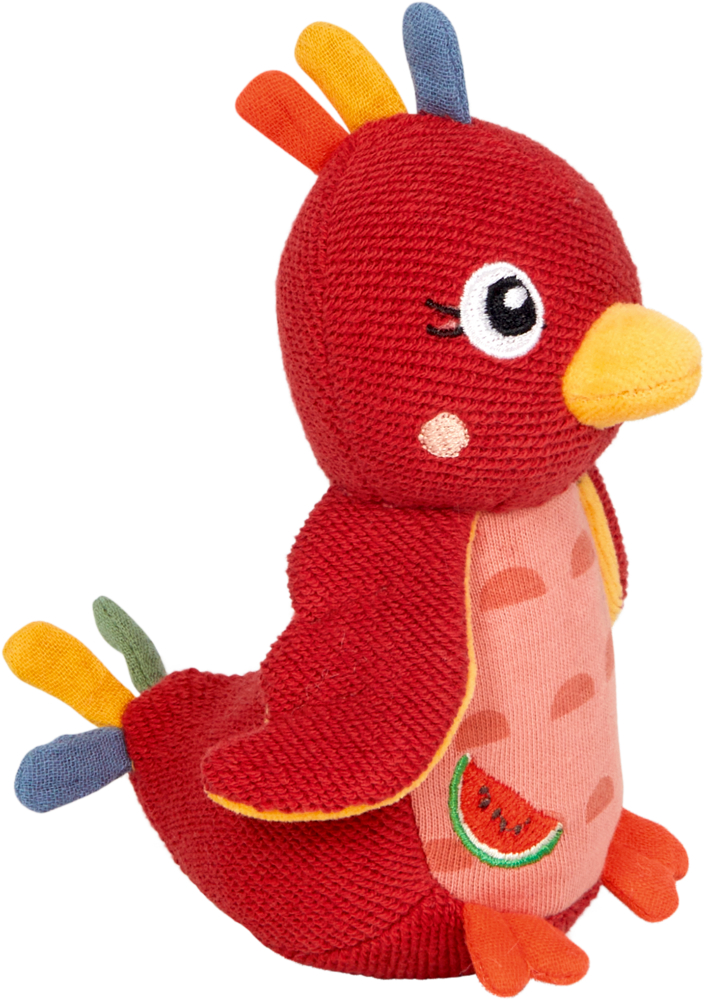 Plüschiges rotes Vogelspielzeug mit gelbem Schnabel, buntem Kamm und einem Wassermelonenfleck auf dem Bauch.