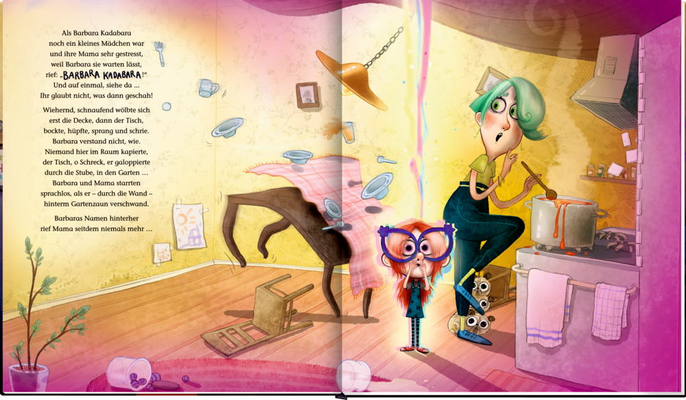 Ein junges Mädchen und ihre erschrockene Mutter beobachten, wie Küchenutensilien um ein leuchtendes, magisches Licht wirbeln, auf einer Doppelseite mit Reimen.