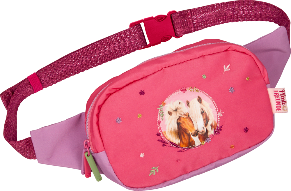 Hip Bag - Pferdefreunde (nachhaltig aus recyceltem Polyester) "Rosa-violette Gürteltasche mit zwei Pferden auf der Vorderseite. "