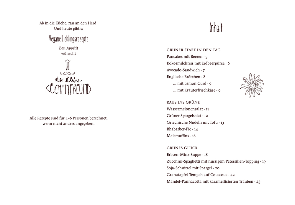 Menücover & Inhaltsverzeichnis für veganes Kochbuch mit handgezeichneter Blumenillustration.