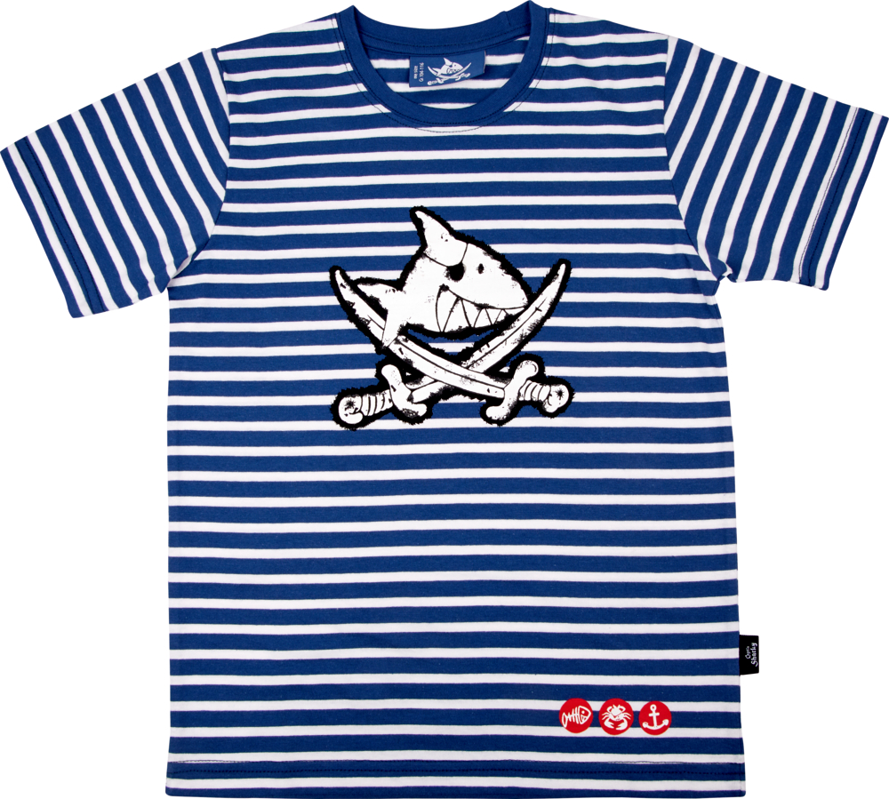 T-Shirt Capt'n Sharky, one size (Gr.104/116)  Blau-weiß gestreiftes T-Shirt mit einem Cartoon-Hai mit gekreuzten Schwertern auf der Vorderseite.
