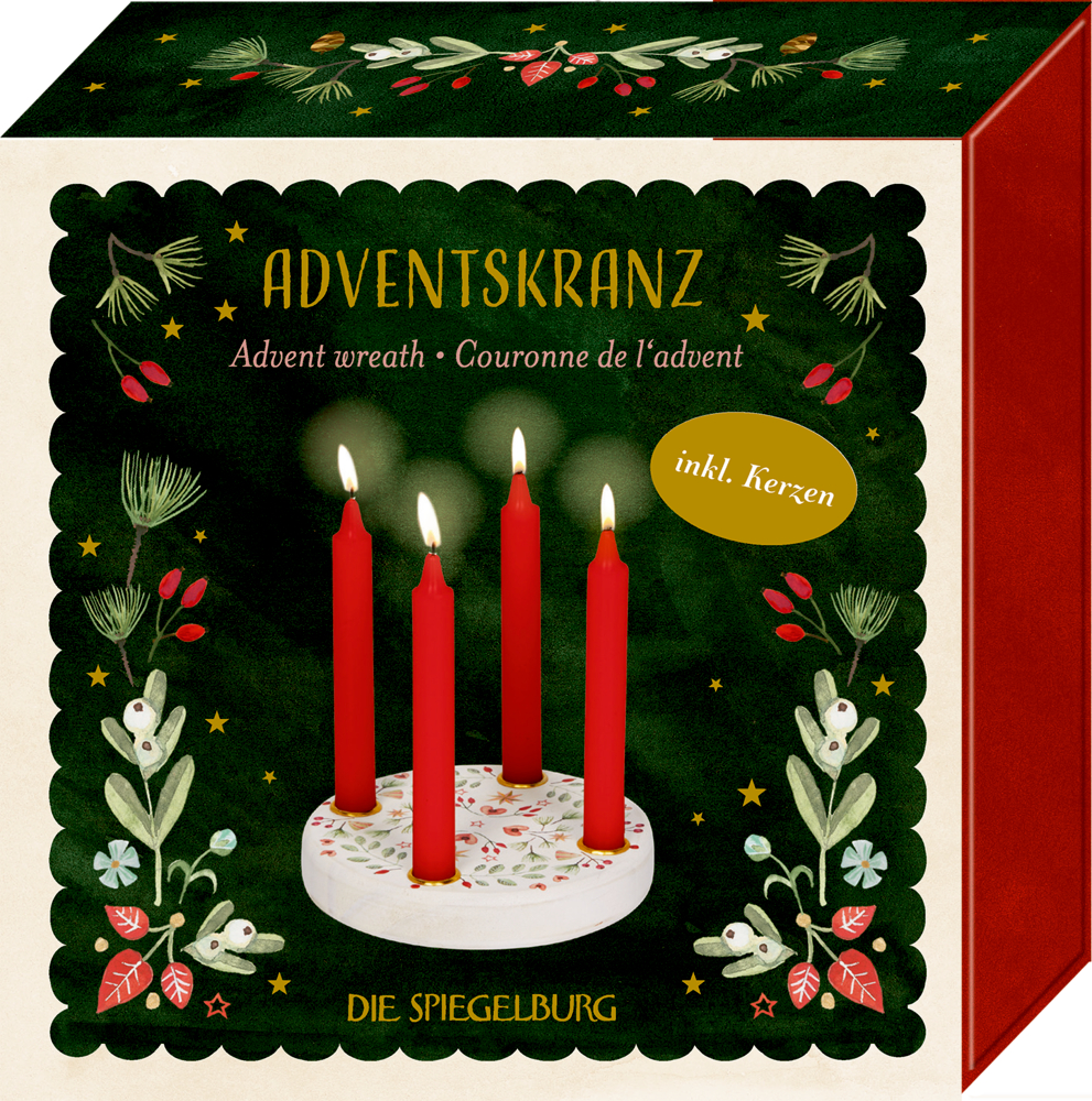 Schachtel mit Adventskranz-Illustration: vier rote Kerzen auf weißem Untergrund vor festlichem grünen Hintergrund.