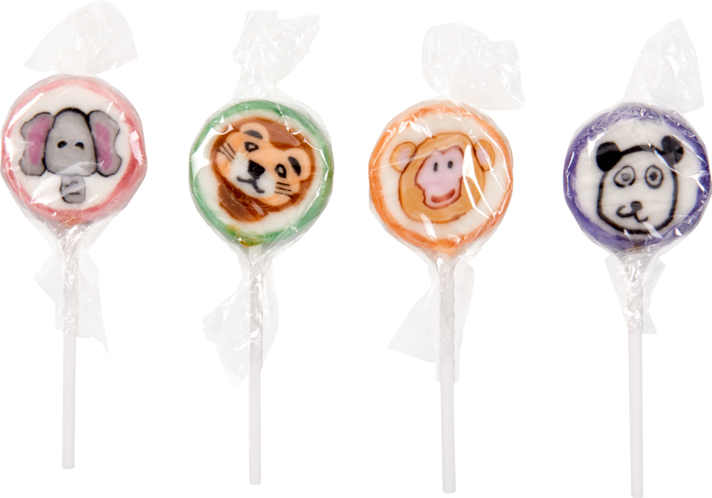 Tierisch bunte Lollies - Bunte Geschenke Vier Lutscher mit Tiergesichtern (Elefant, Tiger, Schwein, Panda), einzeln in Klarsichtfolie verpackt.