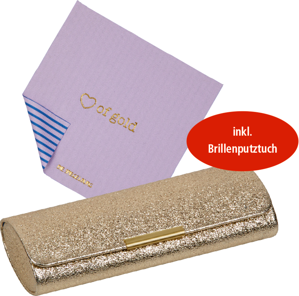 Brillenetui mit Putztuch - Gold Goldglitzerndes Brillenetui mit violettem Brillenputztuch.