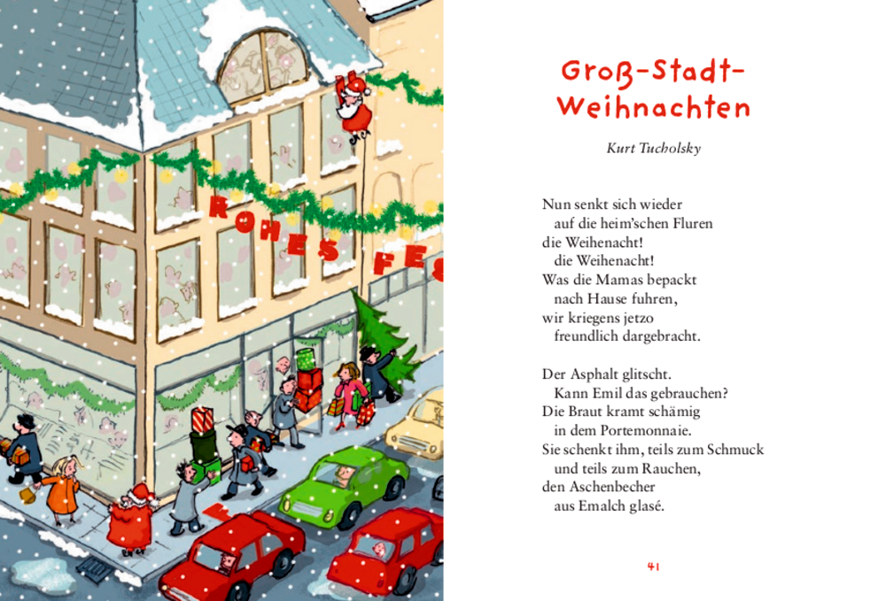 Belebte Stadtstraße zu Weihnachten mit Dekorationen, Käufern und schneebedeckten Autos.