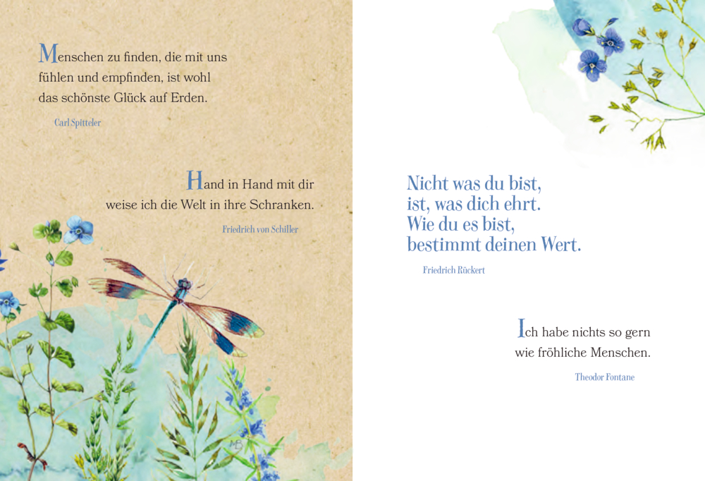 Zitate mit blauen Blumen und einer Libelle auf einer strukturierten beige-weißen Seite.