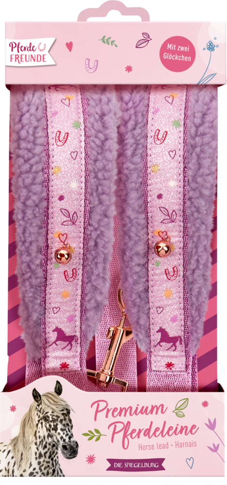 Rosa und violette Pferdeleine mit Glöckchen, Herzmustern und Pferdeillustration auf der Verpackung.