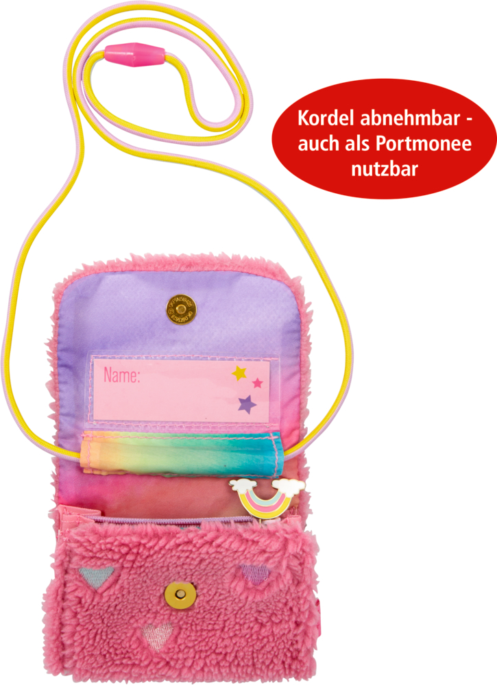 Bunter aufgeklappter rosa Plüschbrustbeutel mit gelbe abnehmbarer Kordel, Fächern und Namensschild innen.