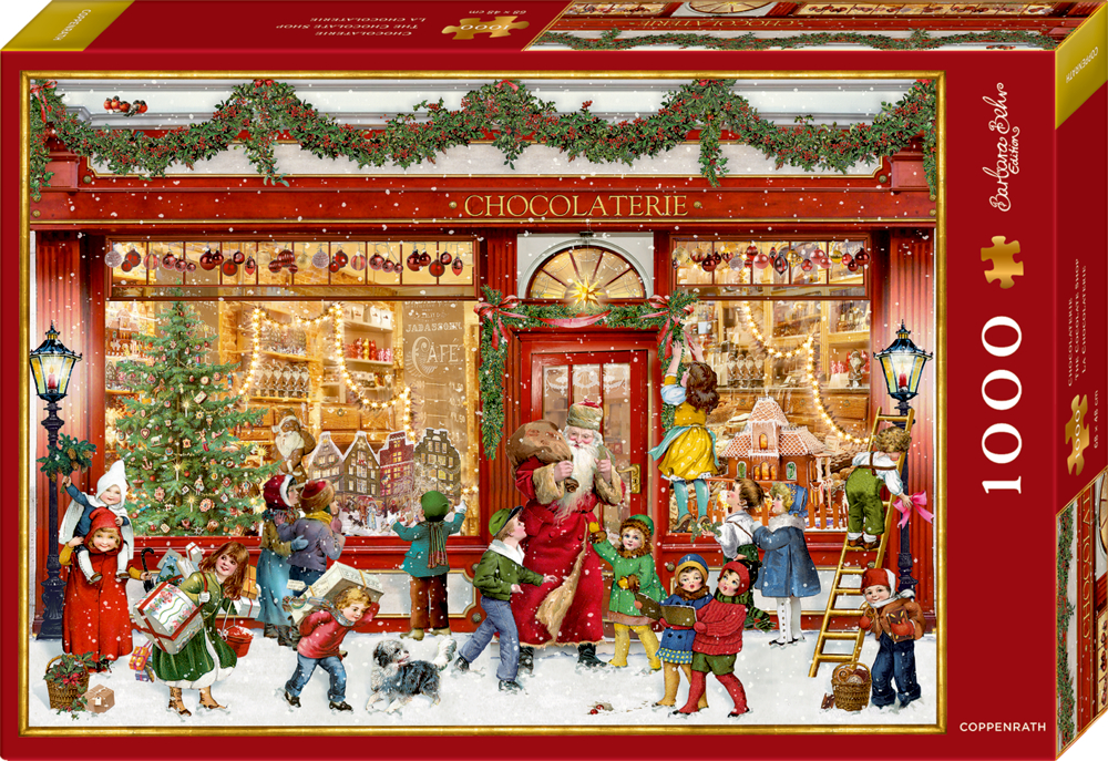 Puzzle Chocolaterie - B.Behr (1000 Teile) Festliche Schokoladenladenszene mit Kindern und Erwachsenen, die sich an der Weihnachtsdekoration und dem Schnee erfreuen.