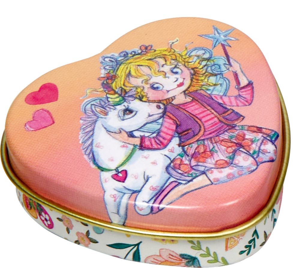Herzförmige Dose mit Illustration eines Mädchens mit Zauberstab, das ein Einhorn umarmt.