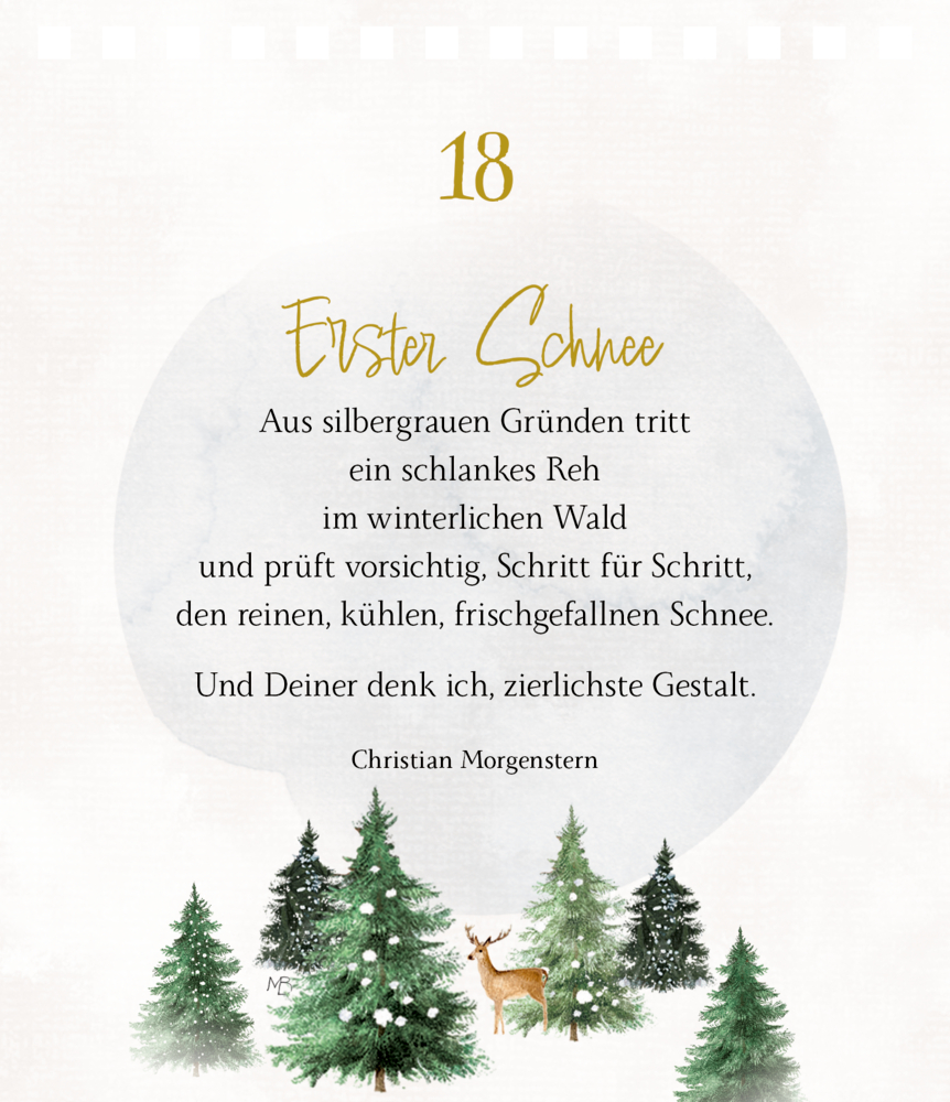 Auf einer Seite, ist ein Hirsch im verschneiten Tannenwald abgebildet, neben ihm ein Gedicht über den ersten Schnee.