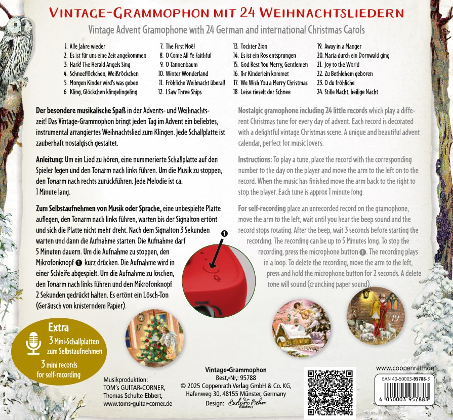 Fuchs und Hund im Schnee; 3 Mini-Schallplatten zum Selbstaufnehmen, Mikrofon-Symbol dabei.