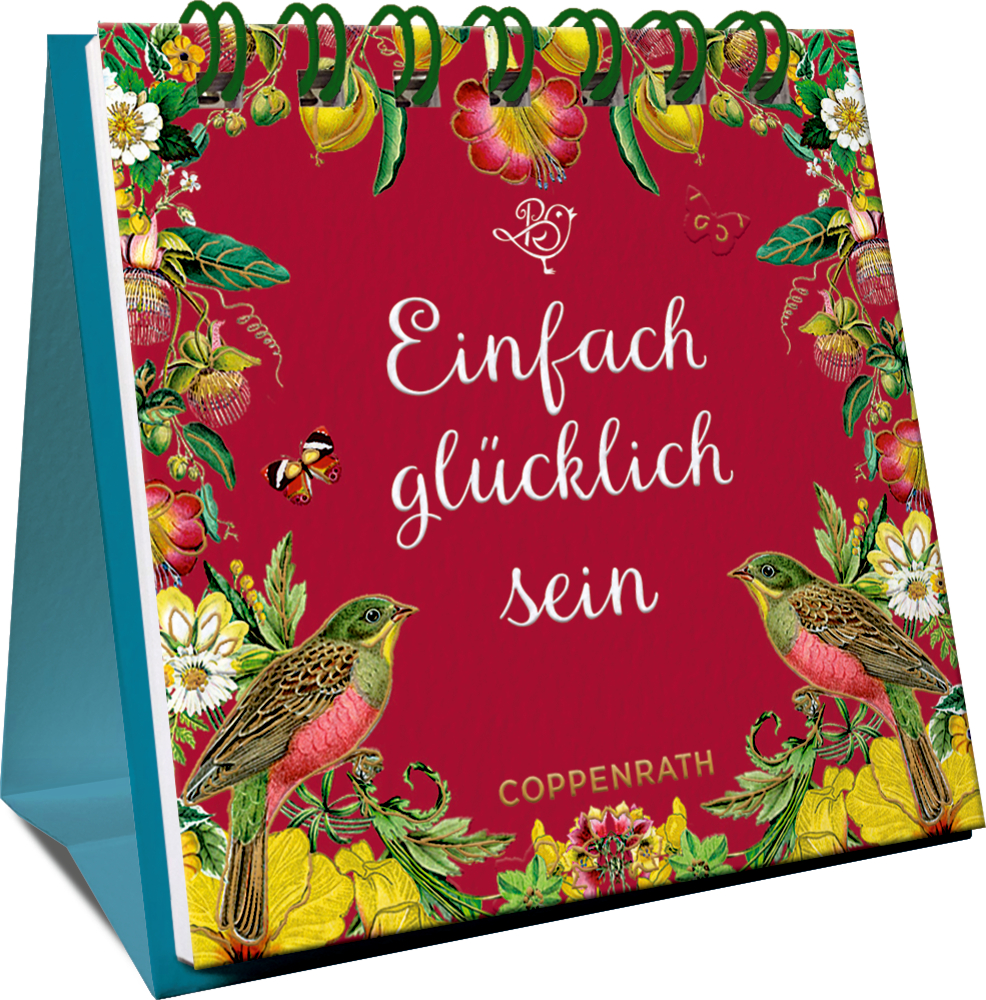 Mini-Spiralaufsteller: Einfach glücklich sein (B.Behr) Rotes Spiralaufstellbuch mit Vögeln, Schmetterlingen und dem Titel „Einfach glücklich sein“ auf dem Einband.