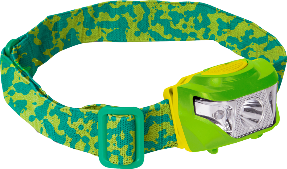 Stirnlampe Nature Zoom Grün-gelbe Stirnlampe mit verstellbarem Stoffband und hellgrünem Kunststofflicht.