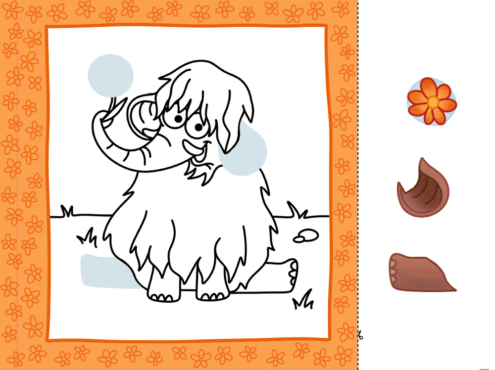 Bastelseite Baby-Mammut mit drei Ausschneidobjekten und orangefarbener Blumenbordüre.