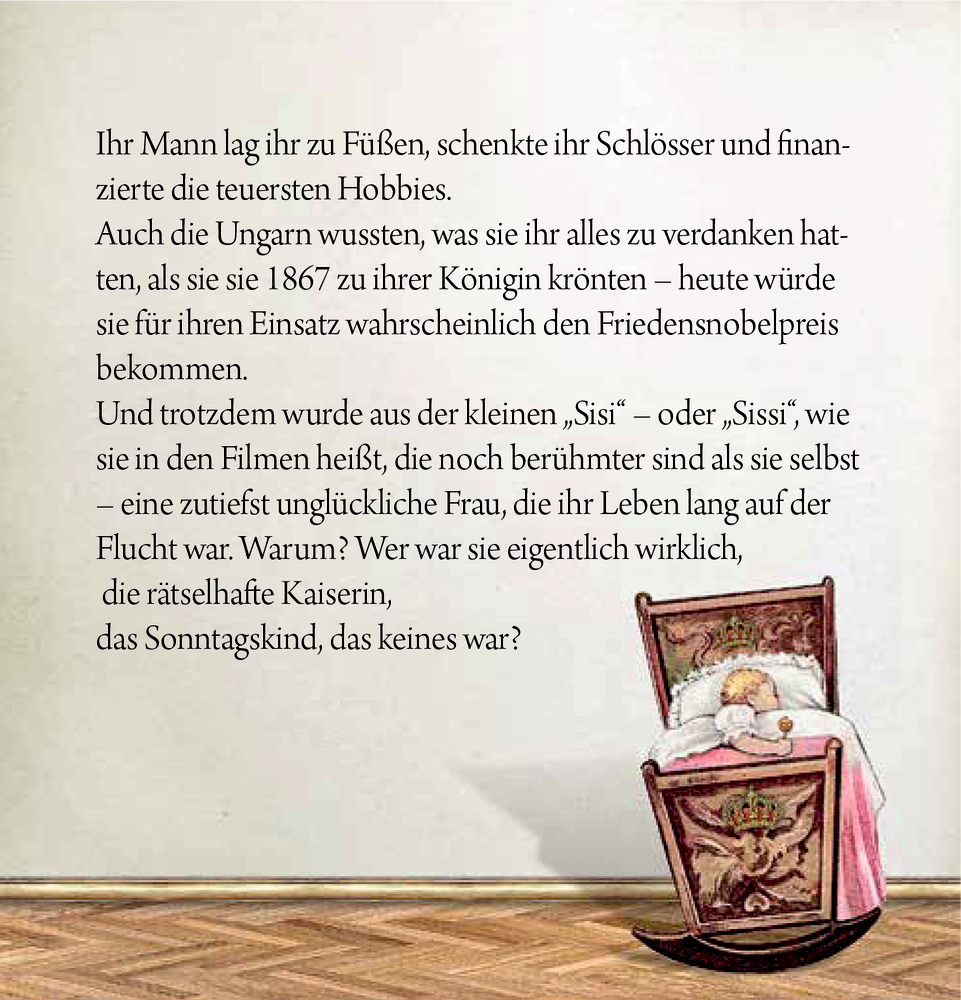 Zettel Nummer eins: Ein alter Kinderwagen steht auf einem Holzboden vor einer blassrosa Wand mit einer Geschichte von Sissi darüber.