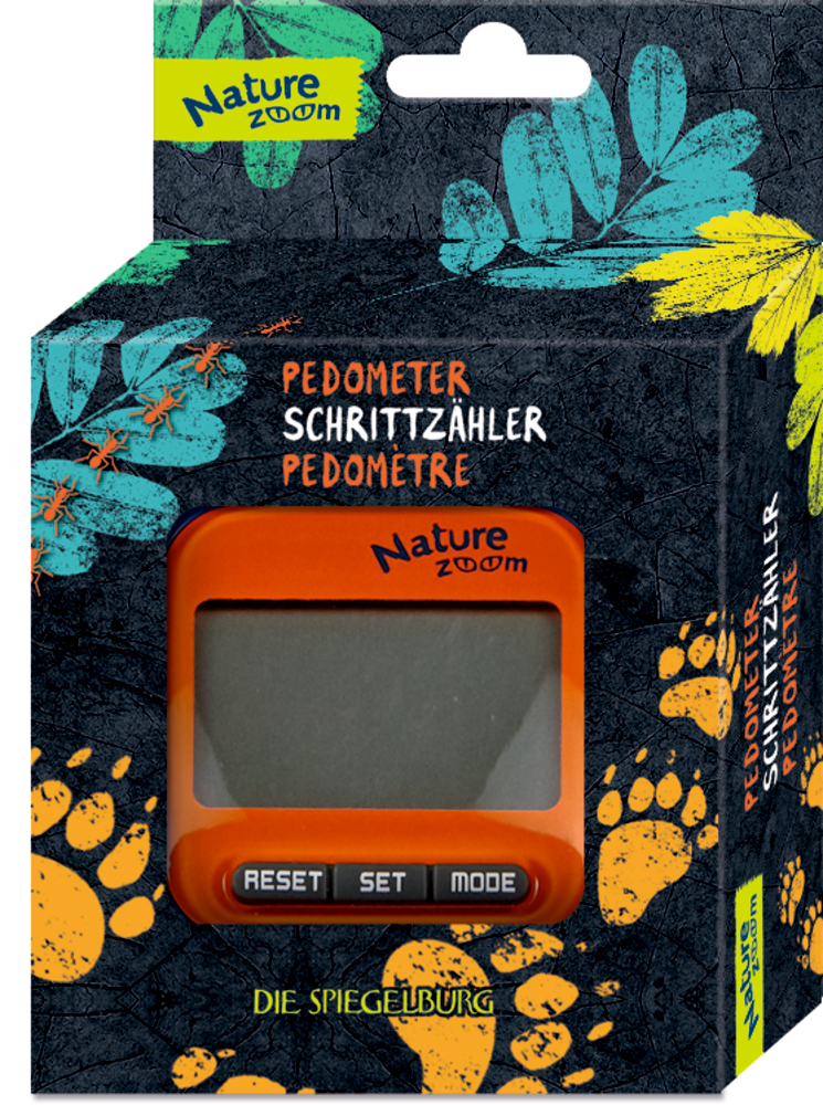 Oranger Nature-Zoom-Schrittzähler mit Blättern und Pfotenabdrücken auf der Verpackung.