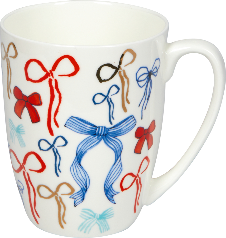 Weiße Tasse mit bunten Schleifen in Rot, Blau, Schwarz und Braun als Aufdruck auf der Oberfläche.