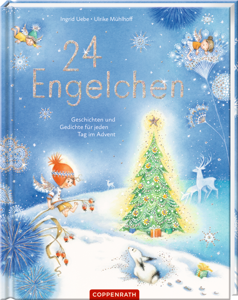 Buchcover mit Weihnachtsbaum, Engeln, Hase im Schnee und Geschenken vor winterlichem Hintergrund.