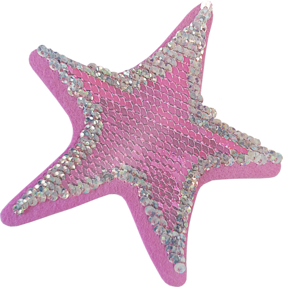 Rosafarbener Sternaufnäher, umrandet und gefüllt mit glänzenden silbernen Pailletten.