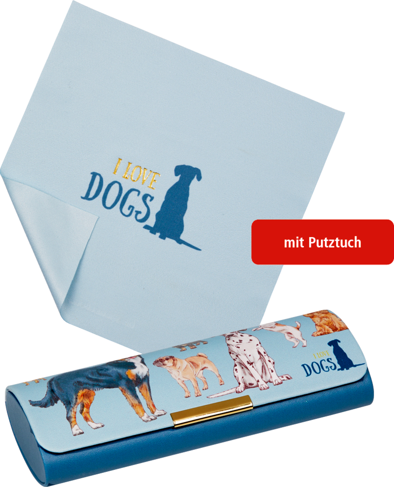 Brillenetui mit Putztuch Hunde - I love cats & dogs Hellblaues Brillenetui mit verschiedenen Hundeillustrationen und passendem „I LOVE DOGS“-Putztuch.
