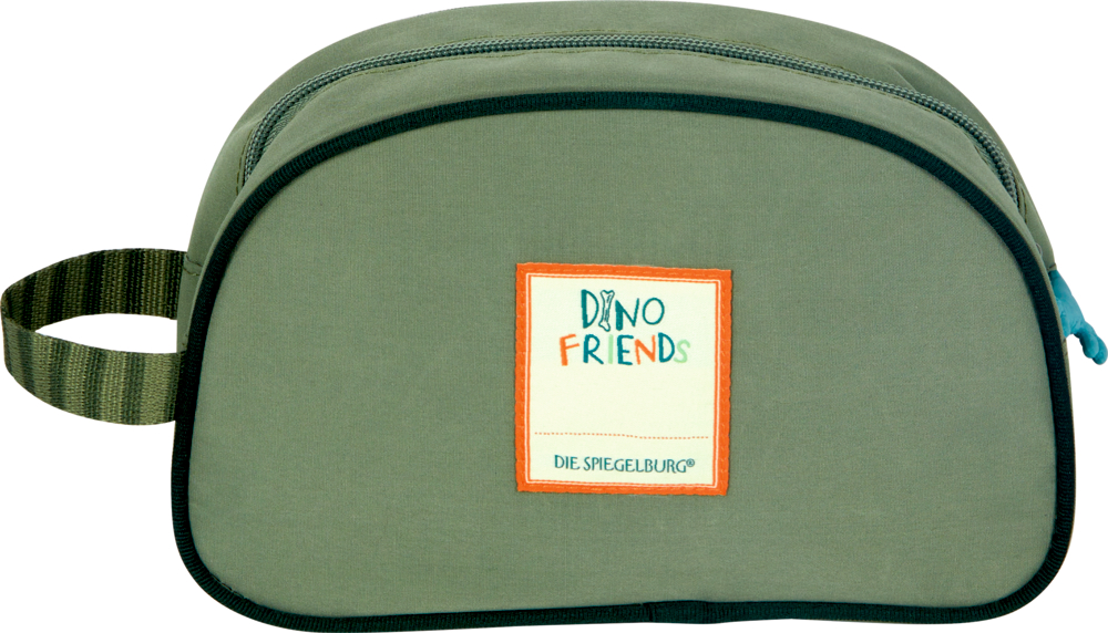Grüner Kulturbeutel mit Griff und Aufnäher vorne mit der Aufschrift „Dino Friends“.