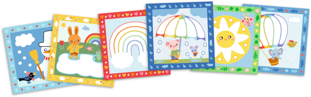 Sechs farbenfrohe Bastel-Karten mit Tieren, Regenbögen, Sonne, Wolken und fröhlichen Hintergründen.