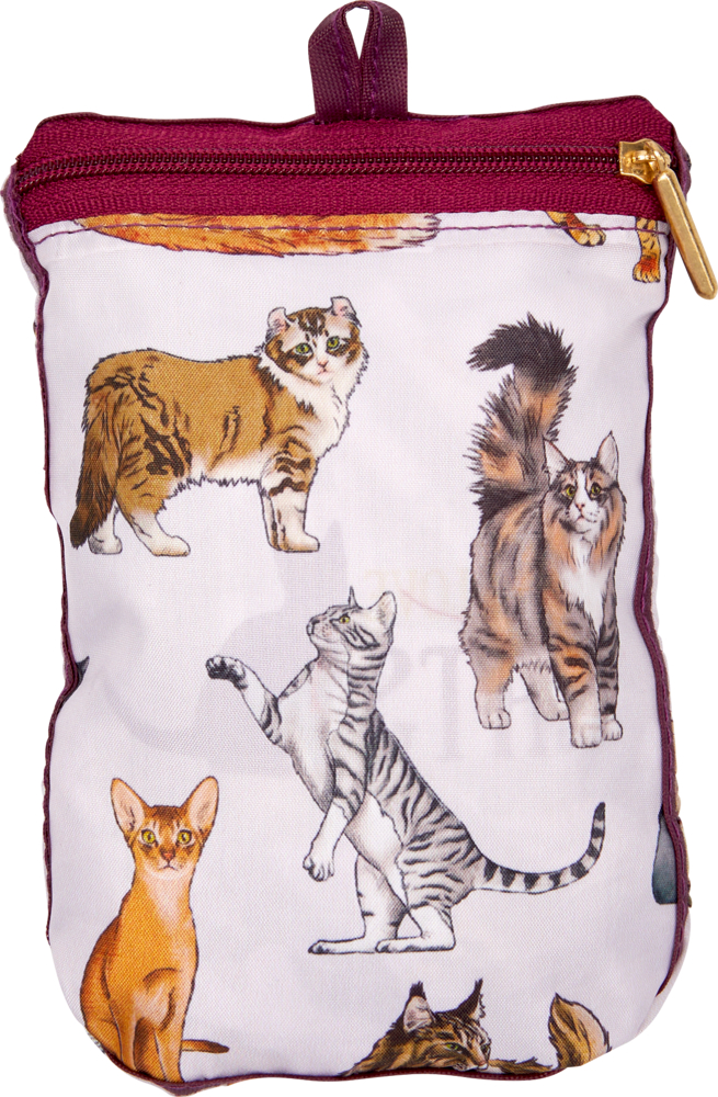 Beutel mit Reißverschluss und Abbildungen verschiedener Katzenrassen auf weißem Hintergrund.