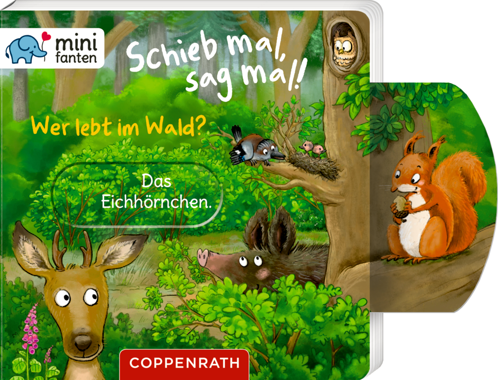 Illustration: Reh, Wildschwein, Vogel und Eichhörnchen mit Nuss stehen neben einem Baum.