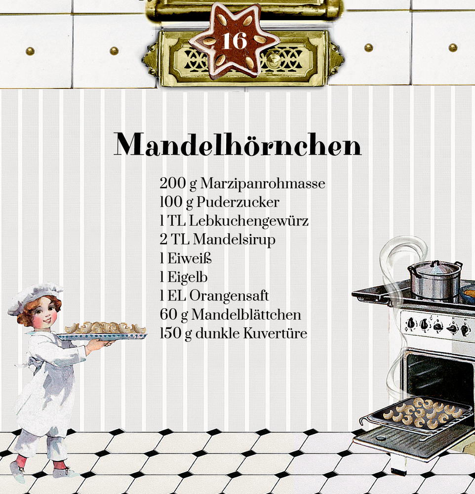 Inhalt Türchen 16: Mandelhörnchen-Rezept: Zutaten, Vintage-Backofen, Kind hält Backblech mit Keksen.