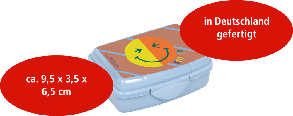 Hellblaue Brotdose mit lächelndem Gesicht. Text informiert über Größe und Herstellungsland Deutschland.
