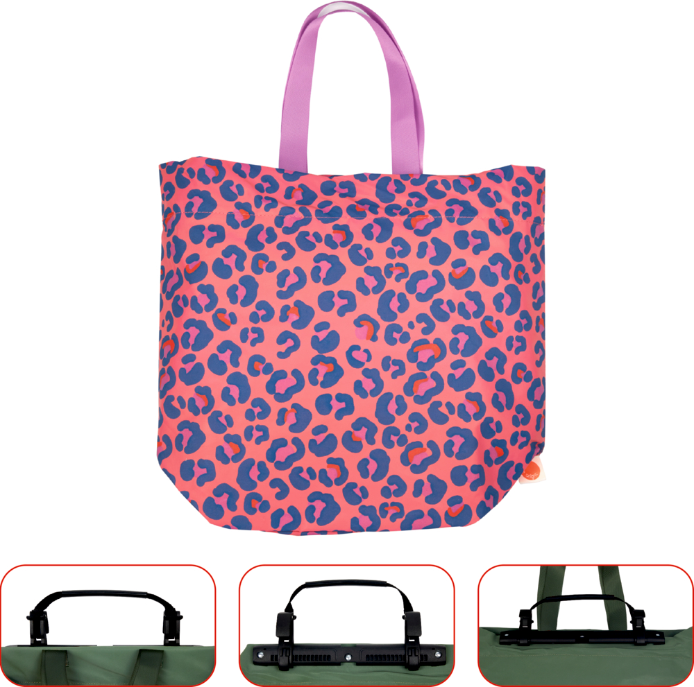 Rosa-blaue Fahrradtasche mit Leopardenmuster und violetten Griffen, mit Nahaufnahmen verschiedener Griffbefestigungsarten.