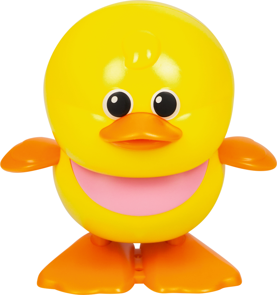 Eine gelbe Aufzieh-Ente mit orangen Füßen und Schnabel.