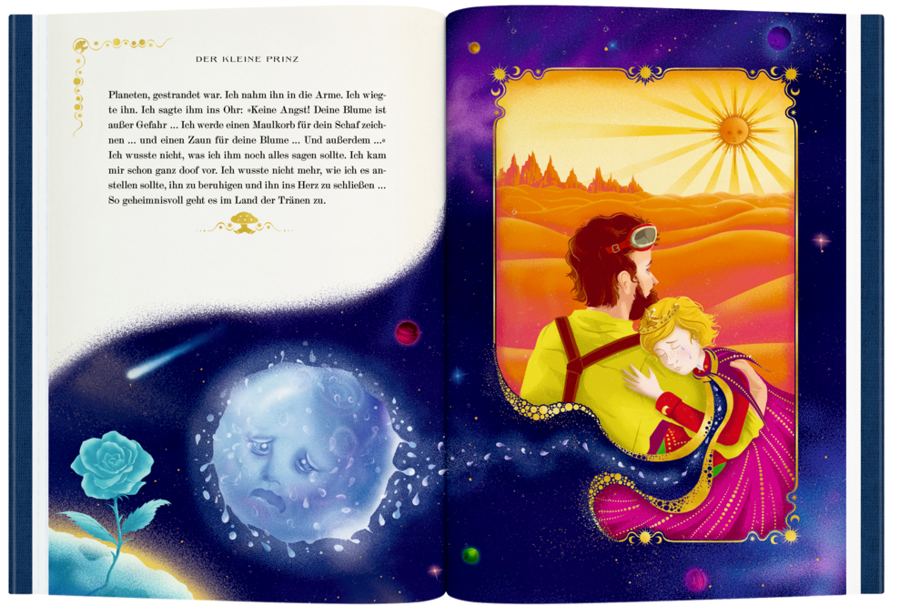 Ein Mann umarmt ein trauriges Kind. Im Hintergrund eine bunte Weltraumlandschaft. Eine Rose und ein weinender Mond schweben in der Nähe.