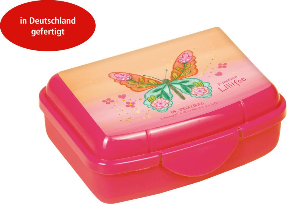 Kleine rosa Lunchbox mit Schmetterlingsdesign, Prinzessin Lillifee-Schriftzug und „in Deutschland gefertigt“-Etikett.