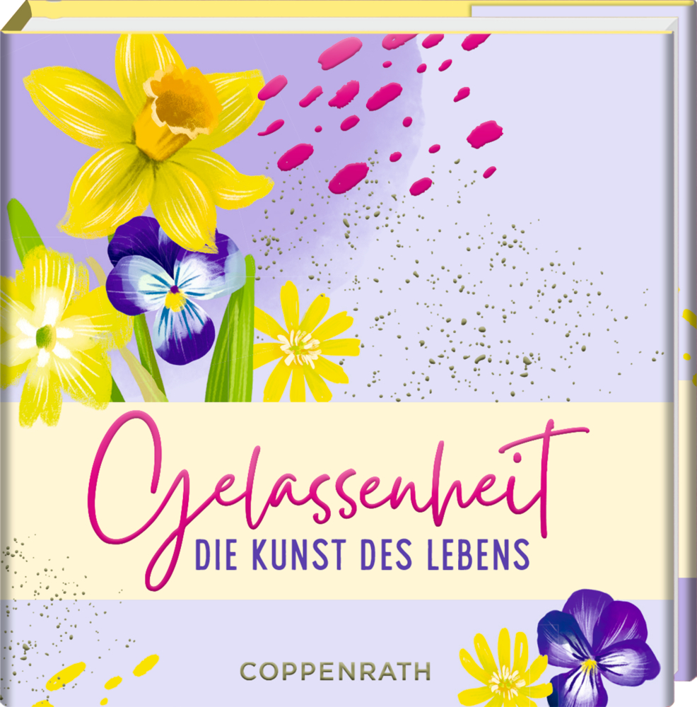 Buchcover mit bunten Blumen und dem Spruch „Gelassenheit – Die Kunst des Lebens“ auf hellviolettem Hintergrund.