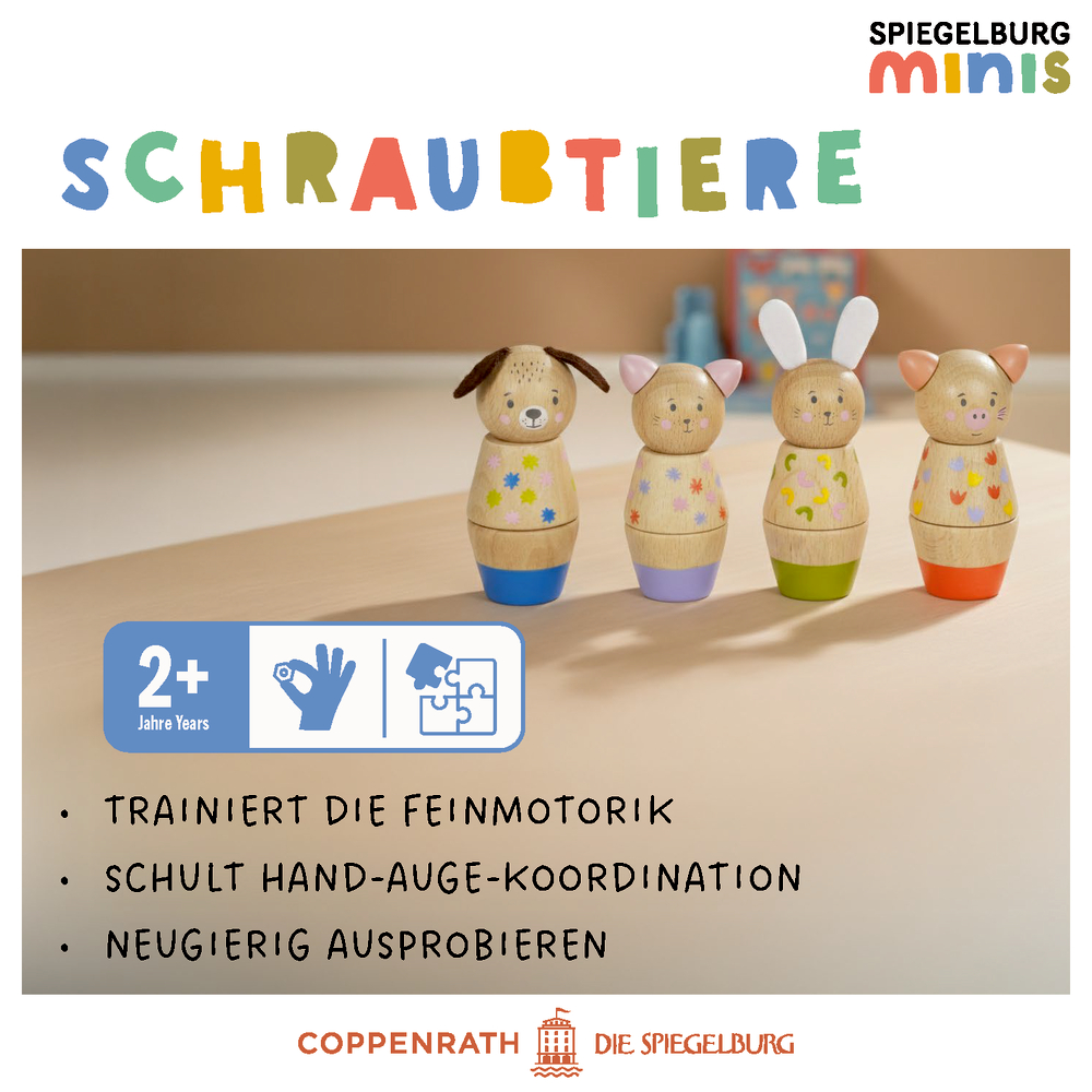 Vier tierförmige Holz-Schraubspielzeuge stehen in einer Reihe, unten Produktdetails und Merkmale.