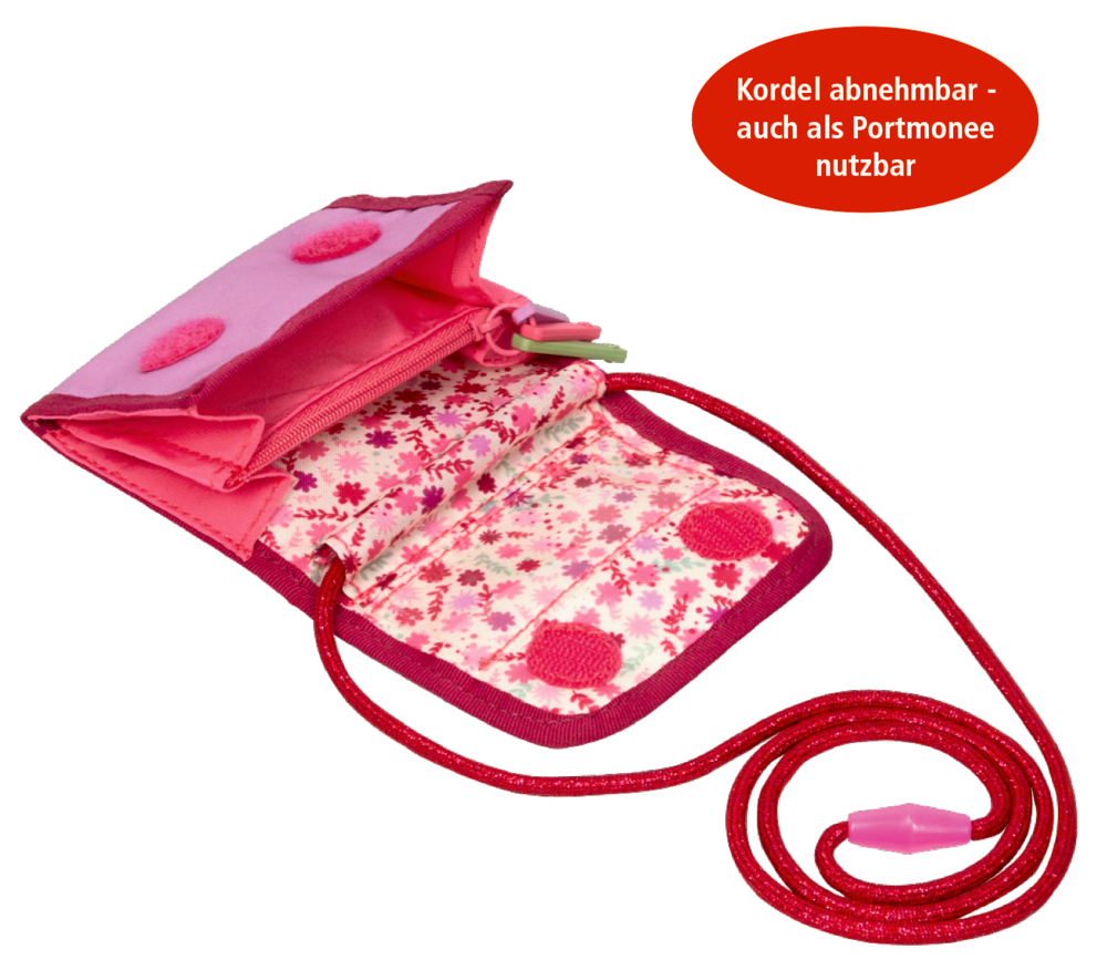 Geöffnetes, rosafarbenes Täschen mit Blumenmuster im Inneren und abnehmbarem Trageband.