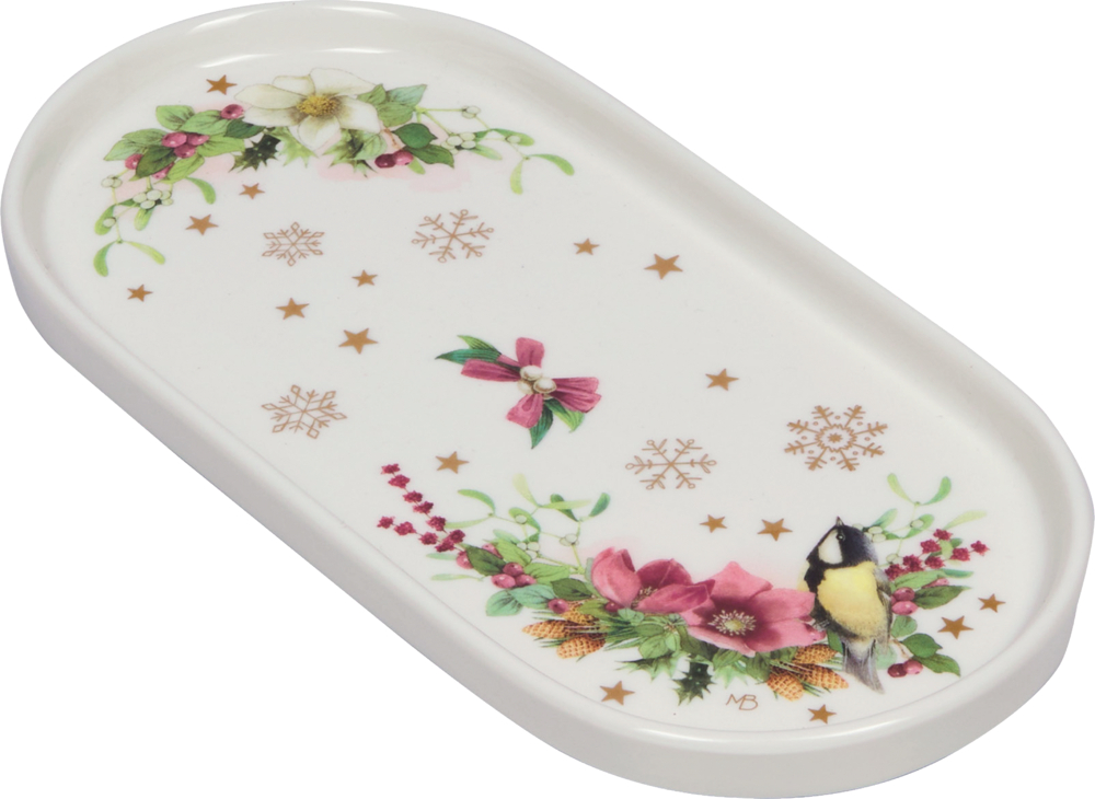 Ovales Porzellantablett mit Weihnachtsmotiv aus Blumen, Mistelzweigen, Sternen, Schneeflocken und Vogel.