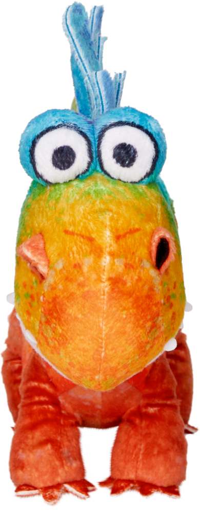 Orangefarbener Plüschdinosaurier mit großen blauen Augen und einem blauen Büschel auf dem Kopf, der nach vorne blickt.