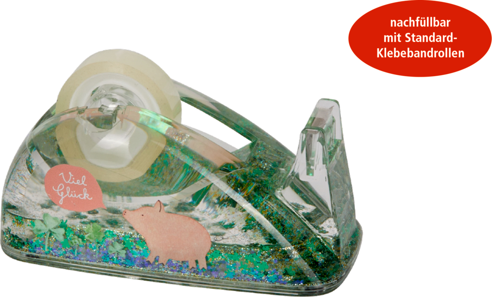 Klarer Klebebandabroller mit Glitzer, rosa Schwein und „Viel Glück“ im roten Oval.
