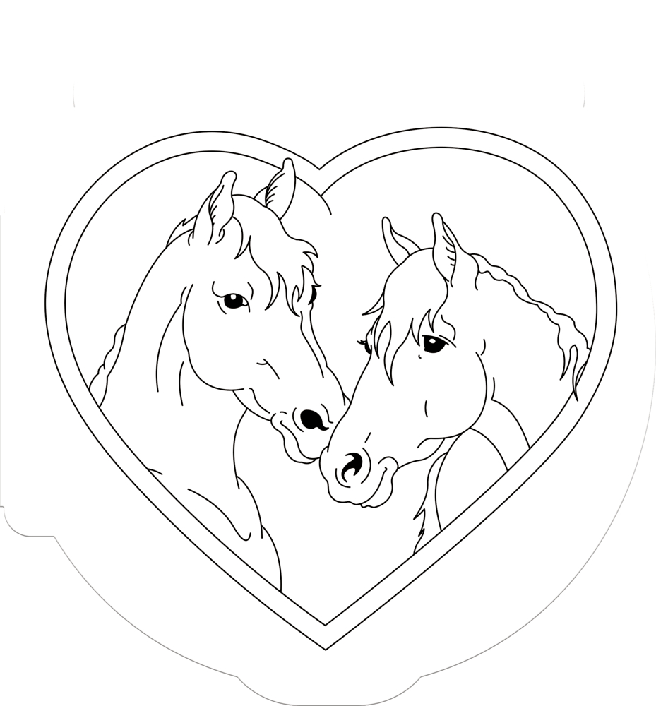 Zwei Pferde stehen sich in einem herzförmigen Rahmen gegenüber, dargestellt in einem Ausmalbild.