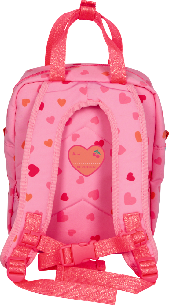 Rosa Kinderrucksack mit roten und orangefarbenen Herzmustern und glitzernden pinken Trägern, Rückansicht.