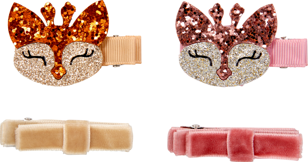 Zwei glitzernde Haarspangen mit Reh-Köpfen und zwei Samtschleifenspangen in Beige und Pink.